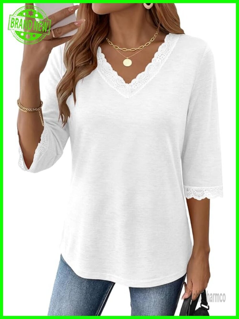 3/4 Sleeve Lace V Neck Tunic Blouse Dressy Casual Summer Top